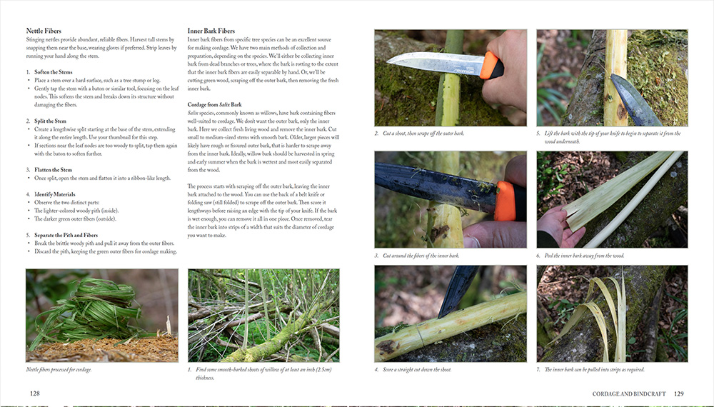 Sample pages of a book showing collecting willow bark for making cordage
